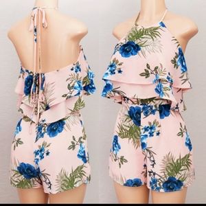 Pink Floral Flounce Ruffle Halter Tie Back Romper